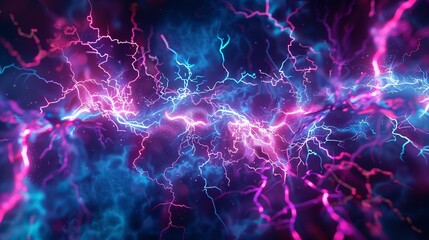 Thunderstorm lightning in blue purple pink, Abstract electric lightning in vivid blue and pink hues, symbolizing conflict and confrontation. - obrazy, fototapety, plakaty