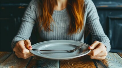 The Struggle Within: Bulimia Concept. A young woman gazes at her food with mixed emotions, embodying the inner conflict of bulimia. - obrazy, fototapety, plakaty