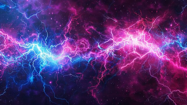 Thunderstorm lightning in blue purple pink, Abstract electric lightning in vivid blue and pink hues, symbolizing conflict and confrontation. - Powered by Adobe