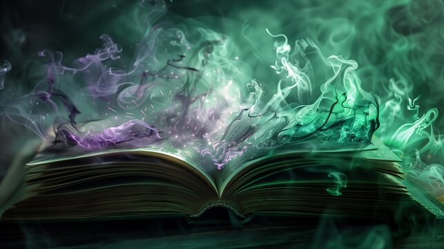 Magic emanates from the magic book, Dazzling magical smoke emanates from the book into the air, mysterious green purple glowing smoky sparkling power coming out from old book.