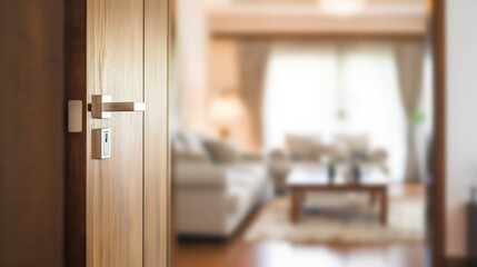 Open modern wooden door to living room interior, concept of real estate, visit, new home, copy space.