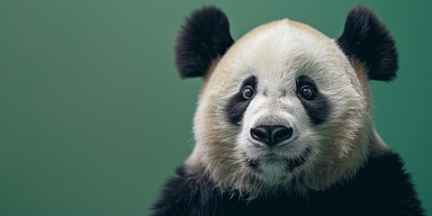 Portrait of cute panda bear face isolated on green background with copy space.