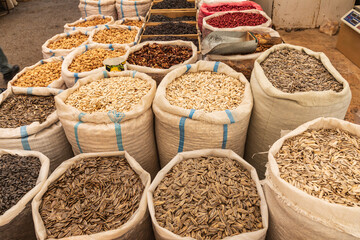 Spices and dried food for sale at a market in Bukhara. - 776228459