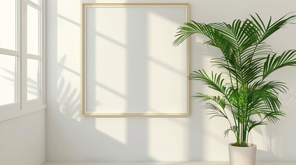 Mockup poster wood frame close up with white empty space and accessories decor in cozy white interior background.Scene with sunlight casting soft shadows.