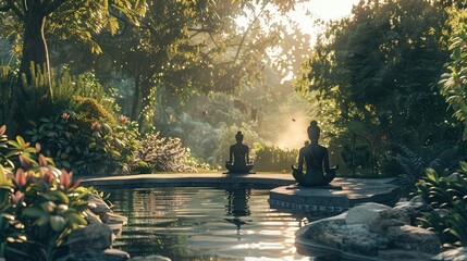 A serene outdoor meditation session in a peaceful garden setting, with participants cultivating mindfulness and inner calm amidst the beauty of nature's sights and sounds.