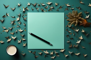 minimalistic design Composition with stationery supplies and paper plane on turquoise background