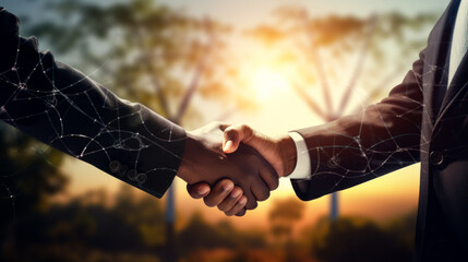 Handshake with Digital Network Overlay and Wind Turbines in Background