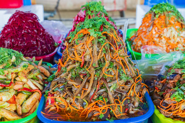 Prepared vegetable dishes for sale at a market in Bukhara. - 776228802