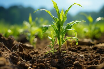 minimalistic design cultivated corn field, earth day concept, plant in the ground, green world - obrazy, fototapety, plakaty