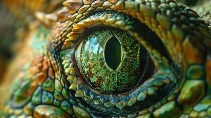 Closeup portrait dragon green eye of wild reptile animal. AI generated image