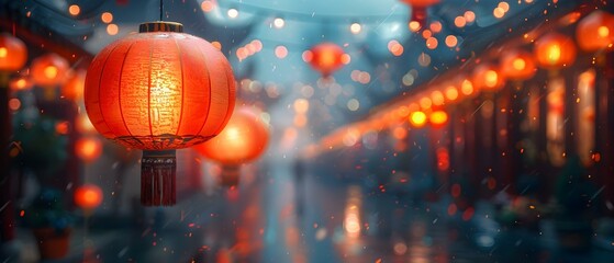 Obraz na płótnie Canvas Chinese New Year red lantern celebration in a blurred street at night. Concept Chinese New Year, Red Lanterns, Street Celebration, Night Photography, Blurred Background