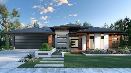 Fototapeta na wymiar modern two-story house with lighting, wooden paneling of external walls and garage doors, dark gray roof, front view, green grass near the concrete path around the house