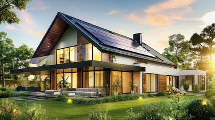 Modern house with solar panels on the roof against the sunset sky, real estate concept. Exterior of a modern house in white and black with photovoltaic system.