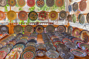 Decorated bowls for sale in Bukhara.