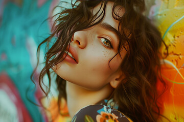 close-up of woman with curly hair, with colorful graffiti background adding playful contrast, urban...