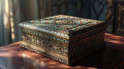 A decorative box with intricate designs and colorful stones sits on a table. The box has a golden...