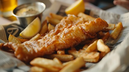 Closeup of Fish and Chips served in the newspaper