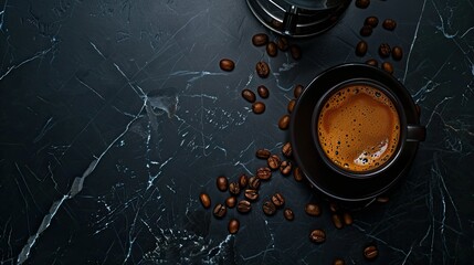 Close-up of coffee and beans on a black marble table, top view, minimalist style, dark background.
