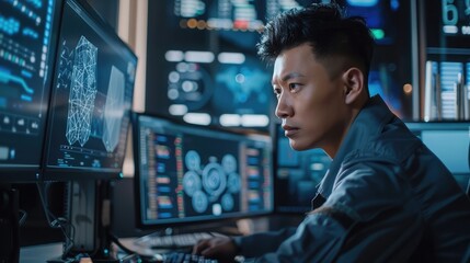 A skilled Asian hacker breaching network security protocols to expose vulnerabilities and raise awareness about the importance of robust cybersecurity measures.