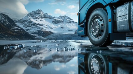 Close-up of an empty semi-trailer track on wet asphalt, side view, with snow-capped mountains in the background. The focus is on the reflection and surface of the car body and tires. - obrazy, fototapety, plakaty