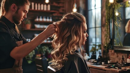 A hairdresser is giving a woman a new hairstyle. - Powered by Adobe
