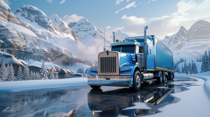 Close-up of an empty semi-trailer track on wet asphalt, side view, with snow-capped mountains in the background. The focus is on the reflection and surface of the car body and tires.