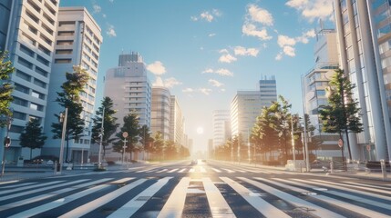 Modern city street with tall buildings and white concrete skyscrapers, blue sky with few clouds, empty pedestrian crossing in front of them, golden hour. - obrazy, fototapety, plakaty