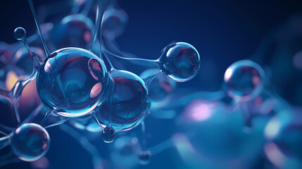 Macro of blue liquid molecules with water atoms - obrazy, fototapety, plakaty