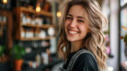 Beautiful young hairdresser with curly hair smiles at the camera. She's wearing a black shirt. It's in a beauty salon.