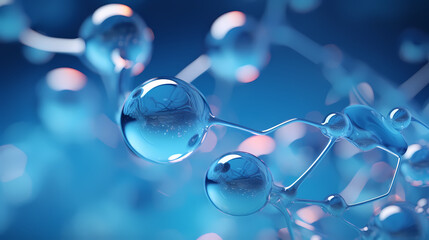 Macro of blue liquid molecules with water atoms
