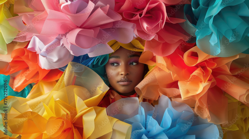 Poster a woman stands amidst a vibrant array of paper flowers, each one bright and distinct in color, creat