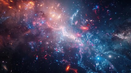 A stunning view of a distant galaxy cluster, with thousands of galaxies each contributing their own unique colors and shapes to the cosmic tapestry.
