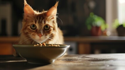 An orange tabby cat sits in front of a bowl of food.