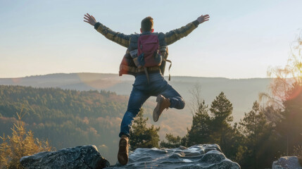 A man wearing a backpack jumps high in the air, showing a moment of dynamic movement and energy