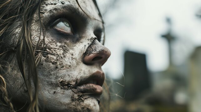 A zombie girl with a white face and black dirty spots all over her body looks into the distance. There is a cemetery in the background.