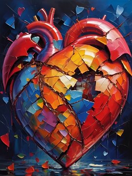 Oil painting of a heart broken into pieces