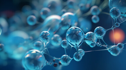 Macro of blue liquid molecules with water atoms - obrazy, fototapety, plakaty