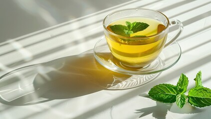 hot cup of tea with mint on wooden table. AI generated illustration - obrazy, fototapety, plakaty