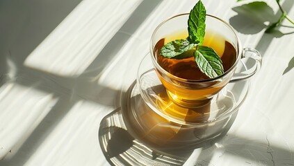 hot cup of tea with mint on wooden table. AI generated illustration