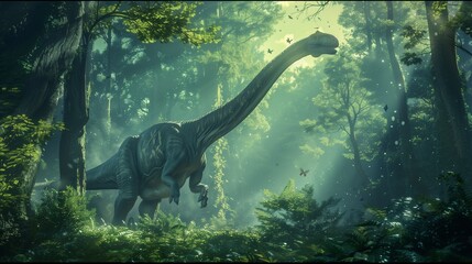 In the mist-shrouded depths of a forgotten wilderness, a massive Brachiosaurus looms like a living mountain amidst the ancient trees.