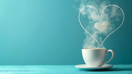 Cup of tea or coffee with steam in one heart shape on blue background