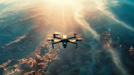 Foto auf Glas Drone flying over vast landscape at sunrise © muji
