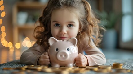 Young Girl Saving Coins in Piggy Bank Early Financial Lessons for a Prosperous Future