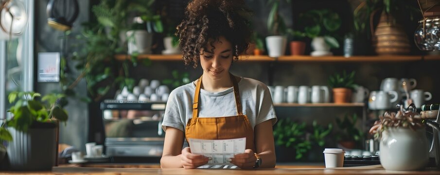 Young Barista Calculating Profits and Analyzing Financial Data on Digital Tablet in Trendy Coffee Shop Environment - Powered by Adobe