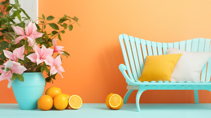 Colorful creative banner with wooden chair cushion flowers citrus fruits in pop art style. Orange pink blue green yellow color palette. Summer vacation relaxation coastal interior concept