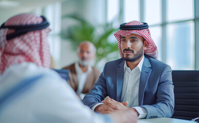 Middle Eastern businessmen in traditional attire having interview for company important position at a modern office. Modern business world and big money concept image.
