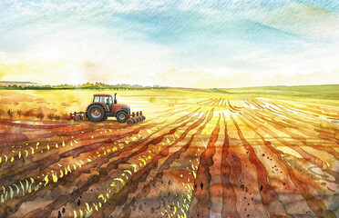 A tractor plows a field on a sunny day, watercolor illustration, in style of children's book, Farming, Earth's Bounty, Educational Materials, Agricultural Equipment Advertisements, Banner
