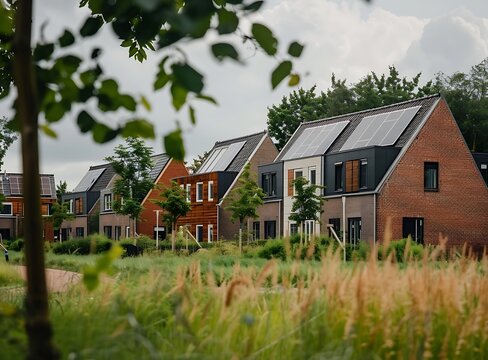 A photo of modern Dutch terraced houses with solar panels on the roof, set against an overcast sky in summer