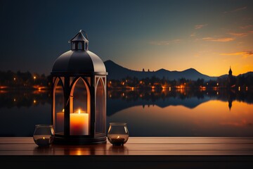 minimalistic design Ramadan Kareem with serene mosque and lantern,
