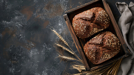 Two sourdough bread on a wooden tray with wheat and towel on dark background. Handmake bakery bread  recipe concept. Flat lay, panoramic top view. copy space.